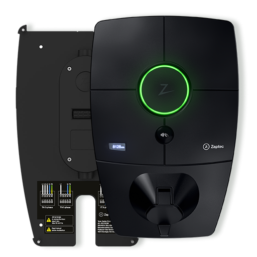 Zaptec Pro - sähköauton älykäs latauslaite, näytöllä ja pistokkeella. Taloyhtiöille, yrityksille ja julkiseen lataukseen.