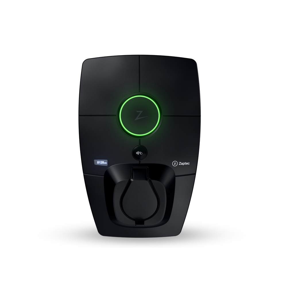 Zaptec Pro - sähköauton älykäs latauslaite, näytöllä ja pistokkeella. Taloyhtiöille, yrityksille ja julkiseen lataukseen.